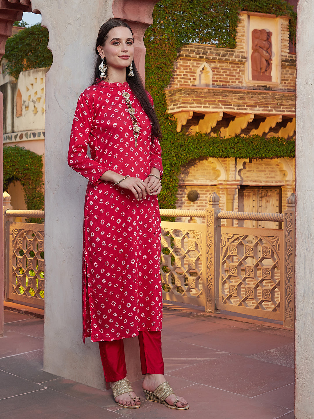 Bandhani Printed Stone, Zari, Beads & Pearl Embroidered Kurta with Pants - Magenta