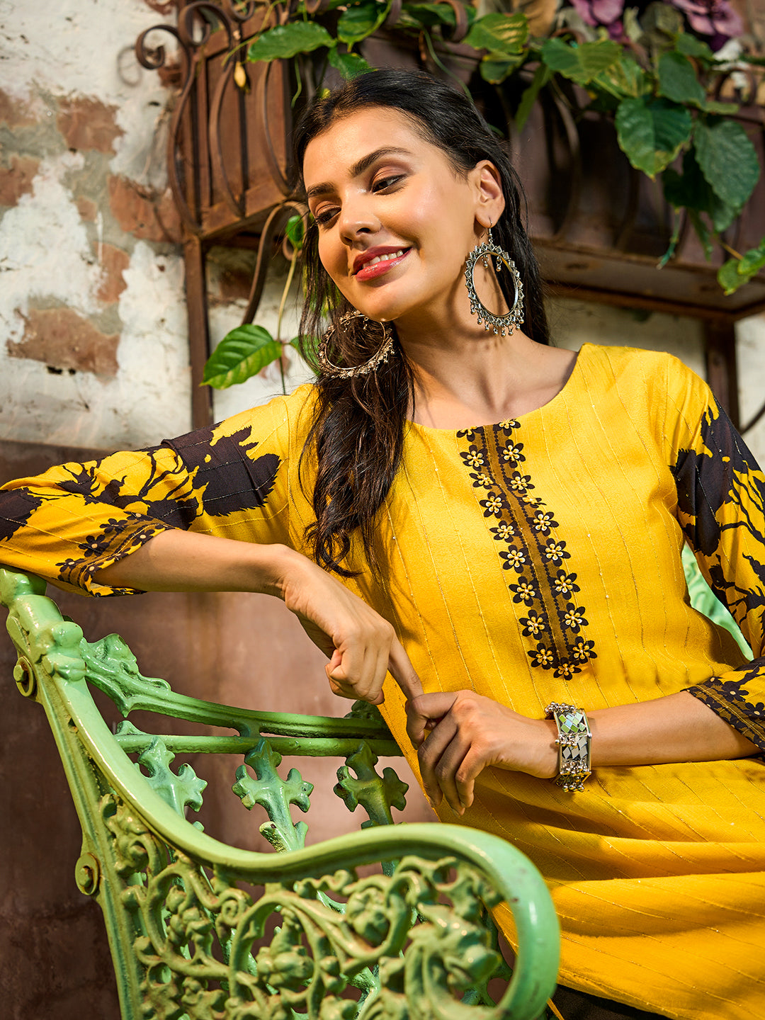 Solid Floral Printed & Embroidered Straight Fit Kurta - Yellow