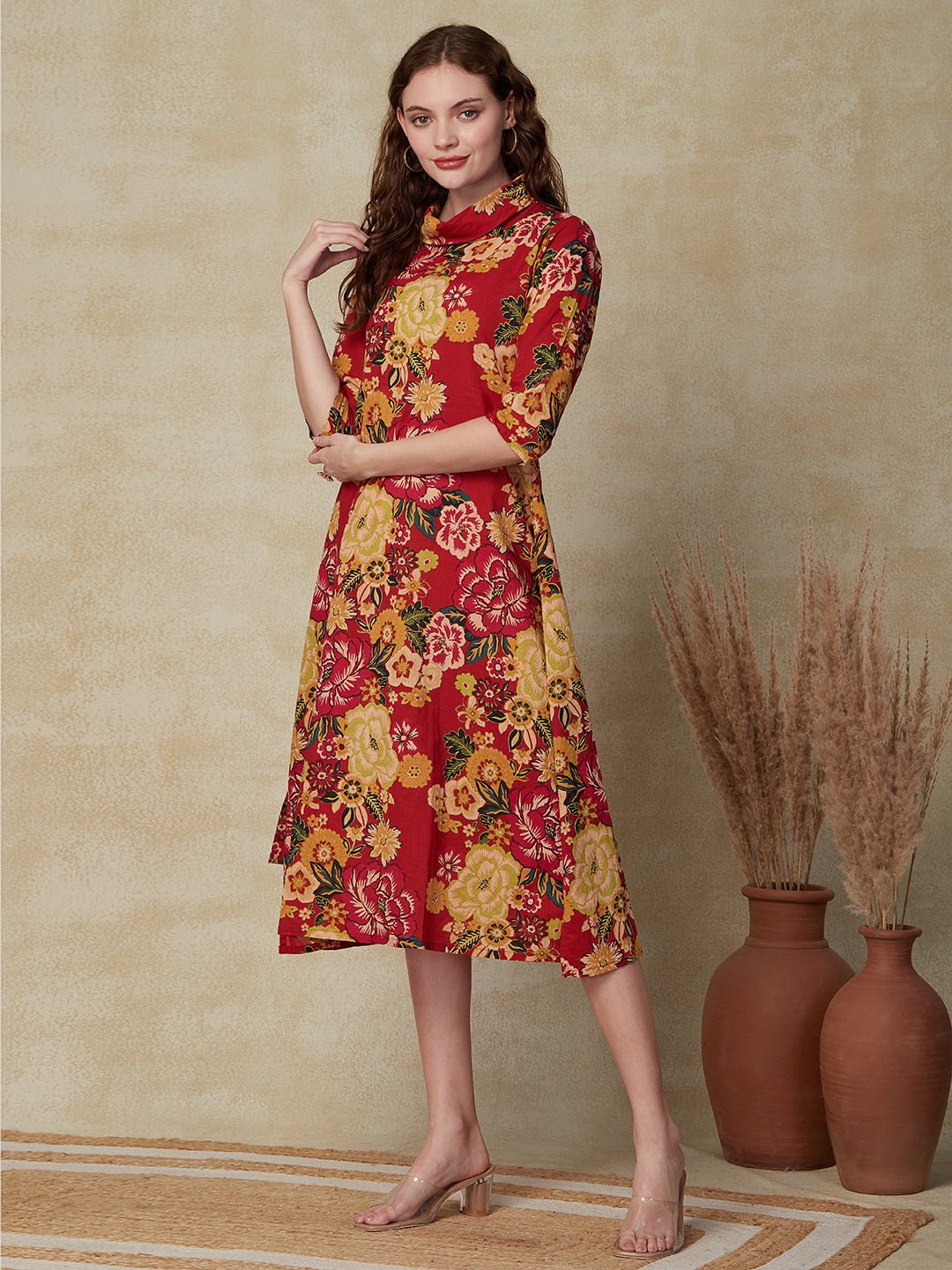 Floral Printed A-line Asymmetric Hem Midi Dress - Red & Multi