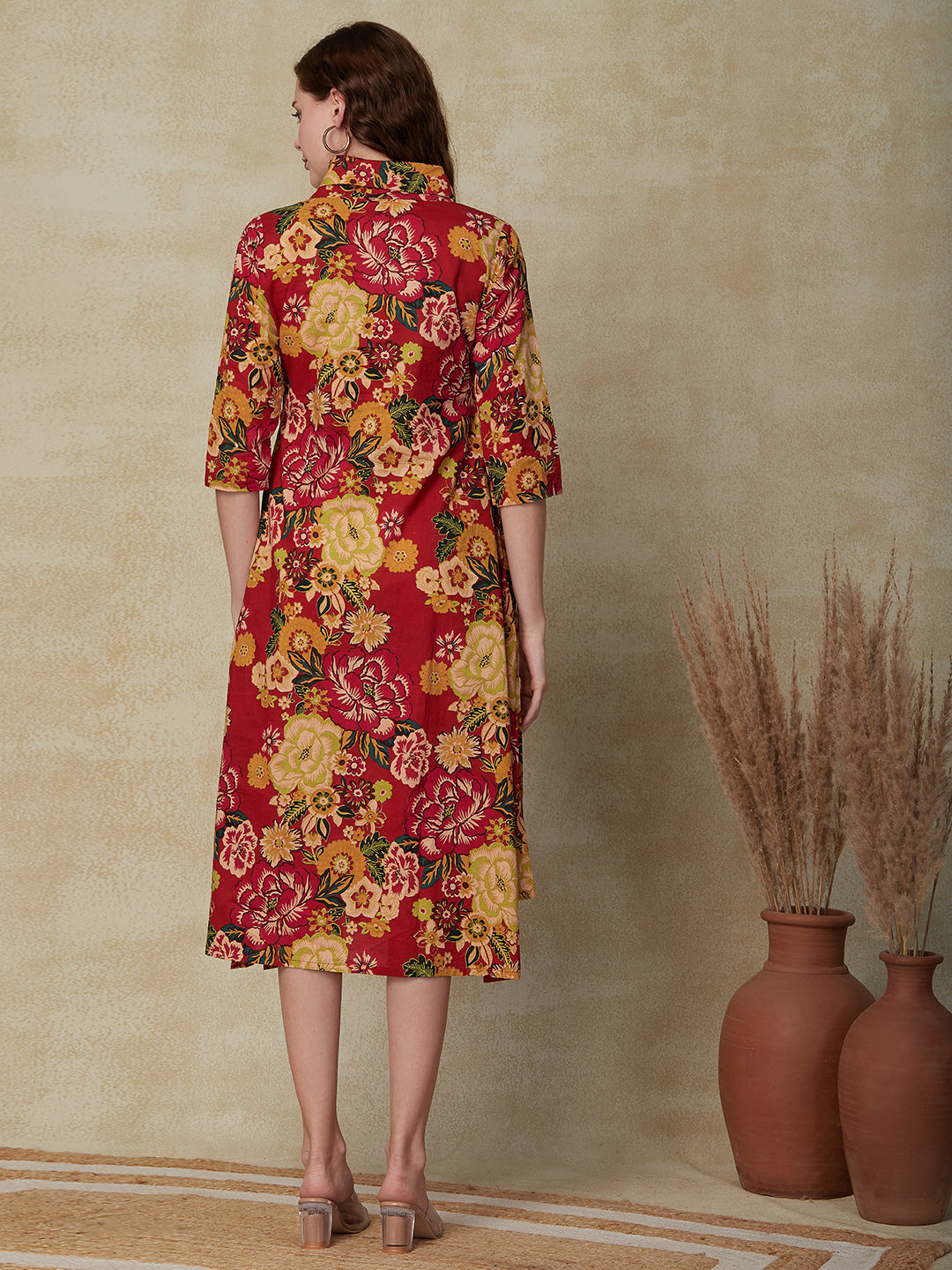 Floral Printed A-line Asymmetric Hem Midi Dress - Red & Multi