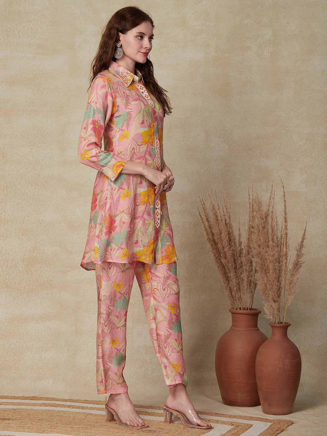 Floral Printed Mirror, Sequins & Beads Embroidered shirt With Pants Indo Western Co-ord Set - Pink