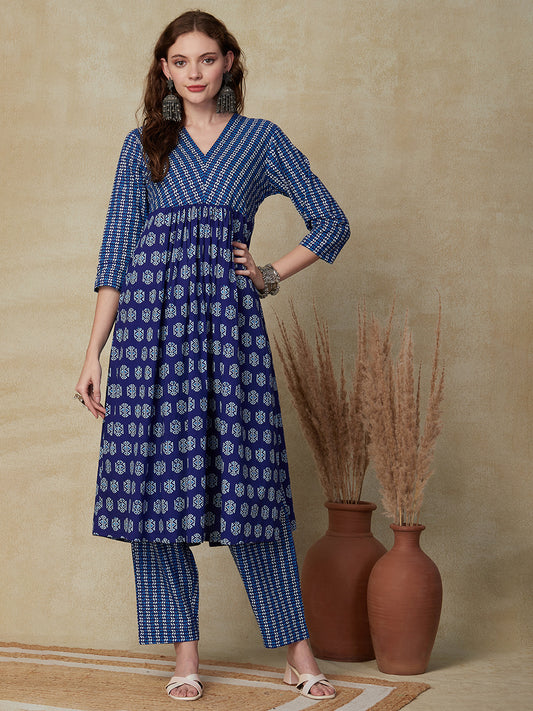 Ethnic Printed A-Line Pleated Kurta with Pant - Blue