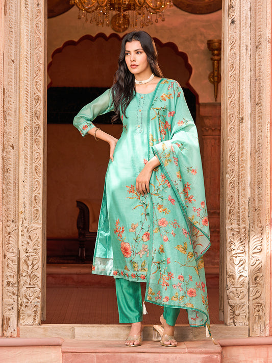 Floral Printed Resham French Knot Embroidered Kurta with Pants & Floral Dupatta - Sea Green