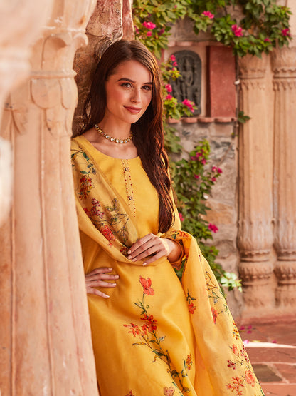 Floral Printed Resham French Knot Embroidered Kurta with Pants & Floral Dupatta - Yellow