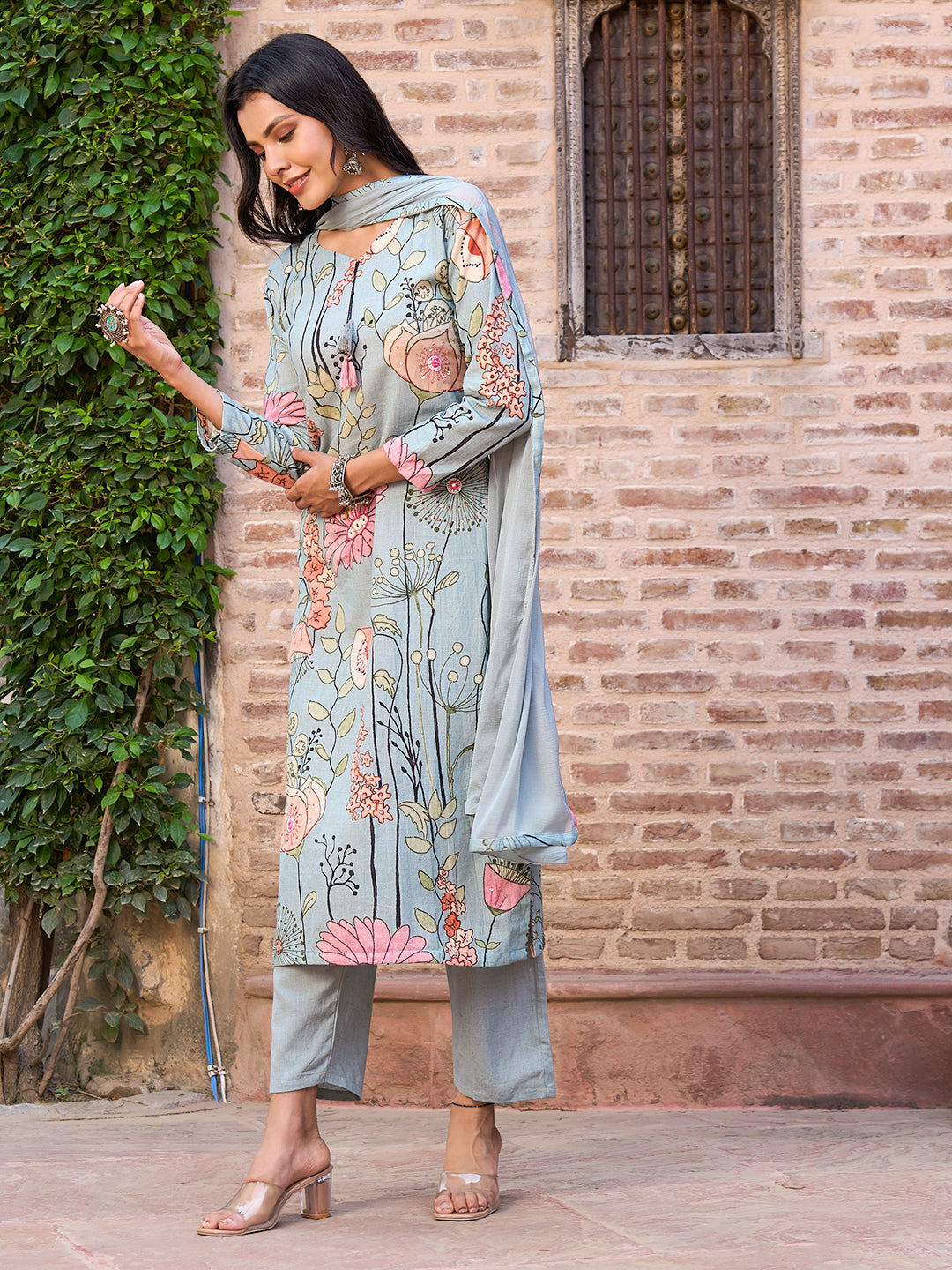 Floral Printed Mirror, Resham & Sequins Embroidered Kurta with Pants & Dupatta - Powder Green