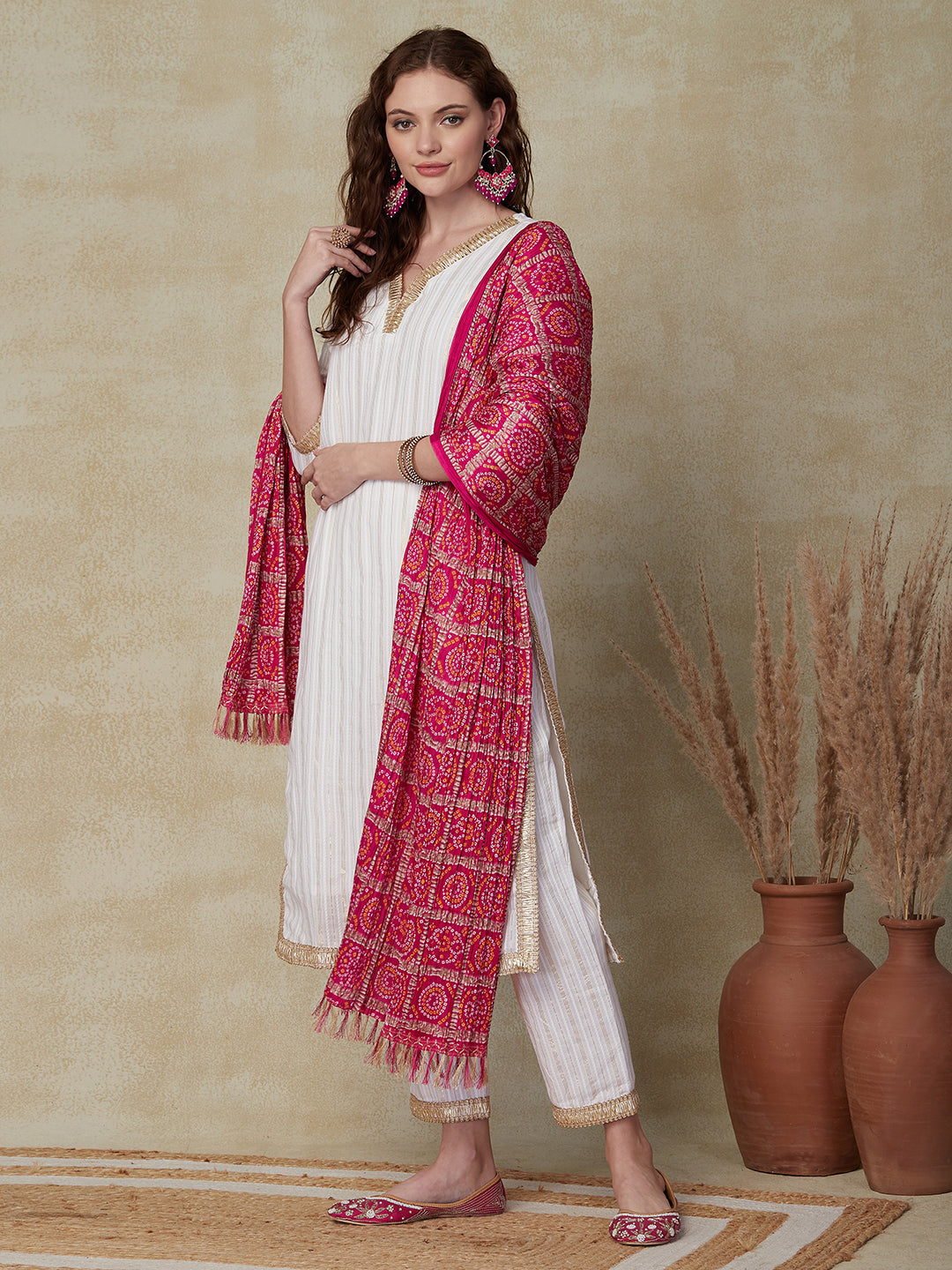 Woven Dobby Lurex Striped Gota Lace Work Kurta with Pants Bandhani