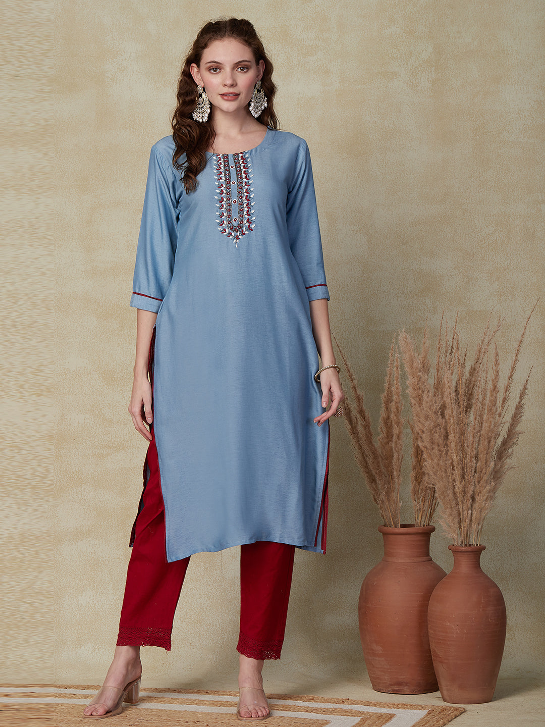 Solid Resham, Cutdana & Pearl Embroidered Kurta - Blue