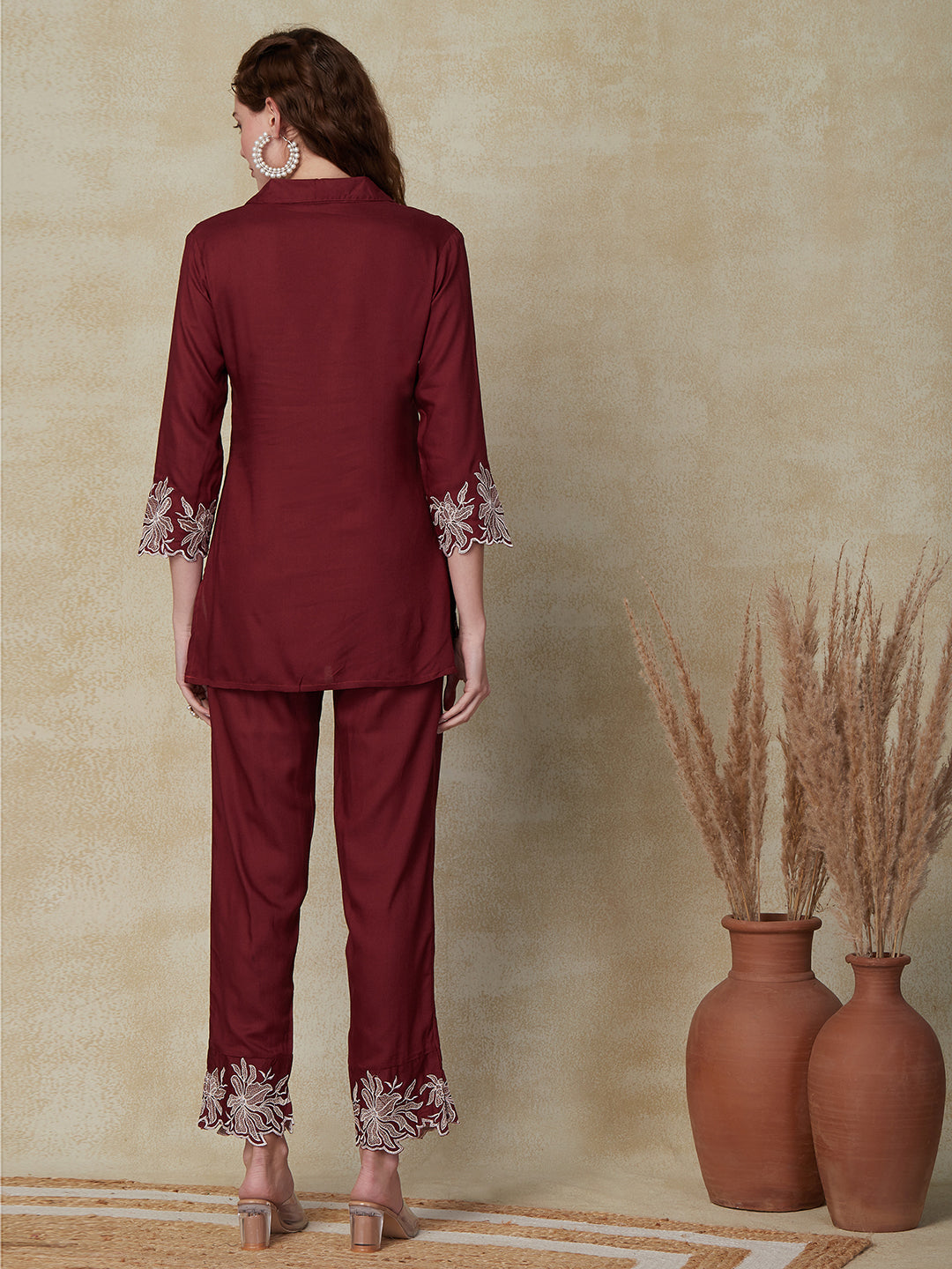 Floral Embroidered Straight Fit Co-ord Set - Maroon