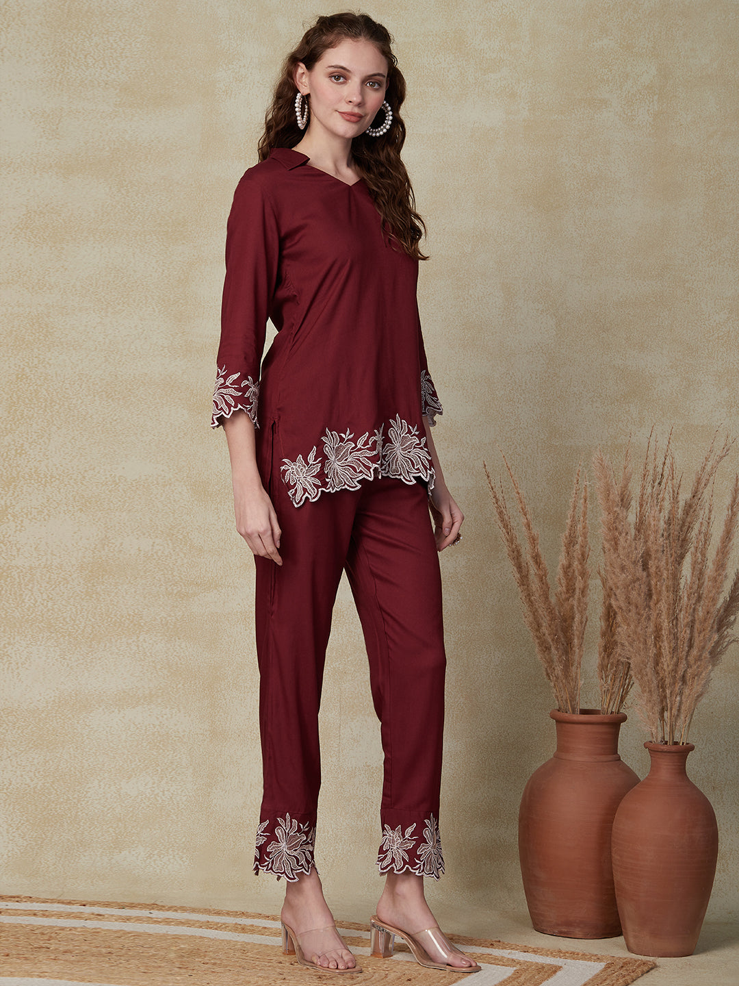 Floral Embroidered Straight Fit Co-ord Set - Maroon