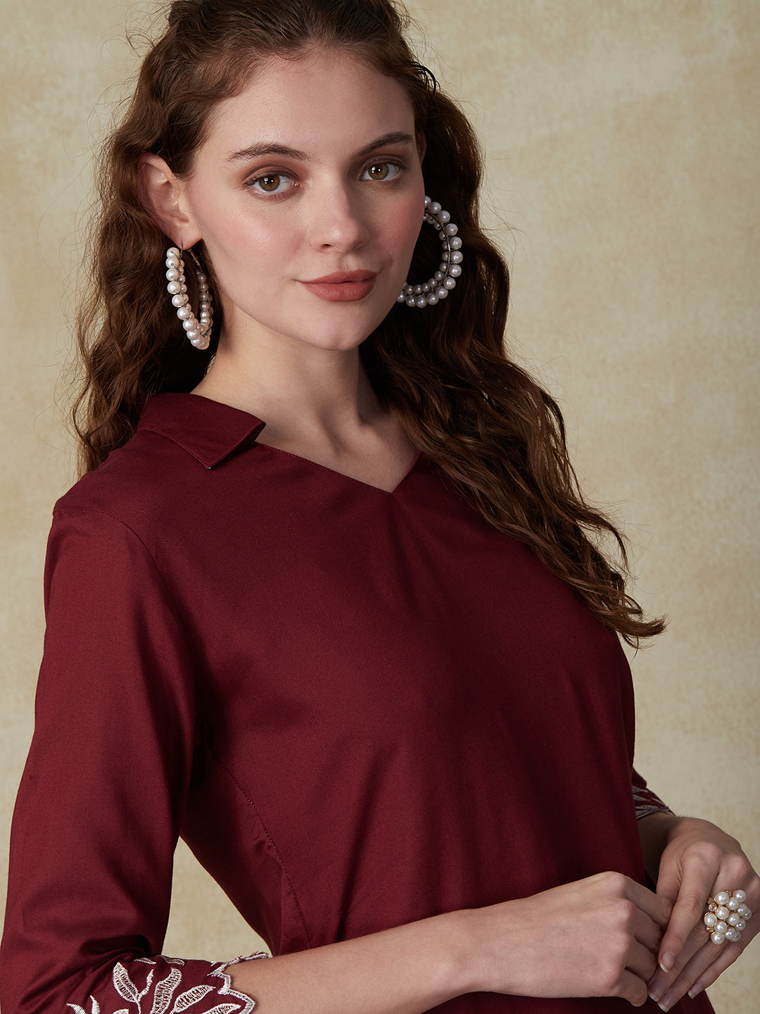 Floral Embroidered Straight Fit Co-ord Set - Maroon