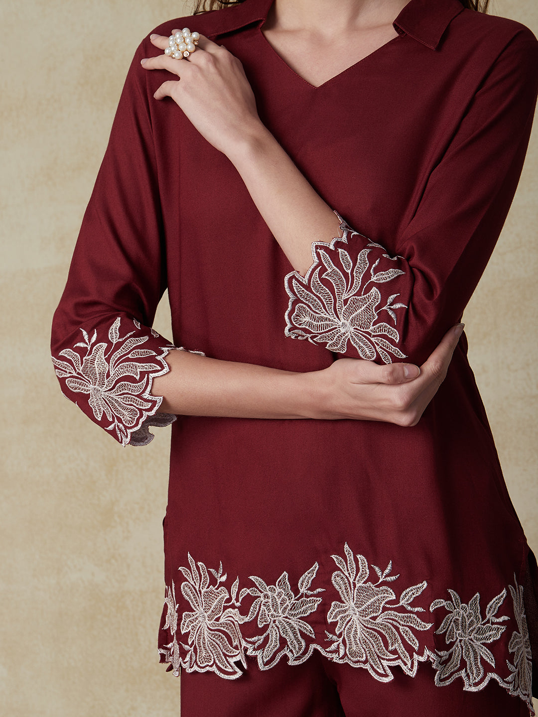 Floral Embroidered Straight Fit Co-ord Set - Maroon