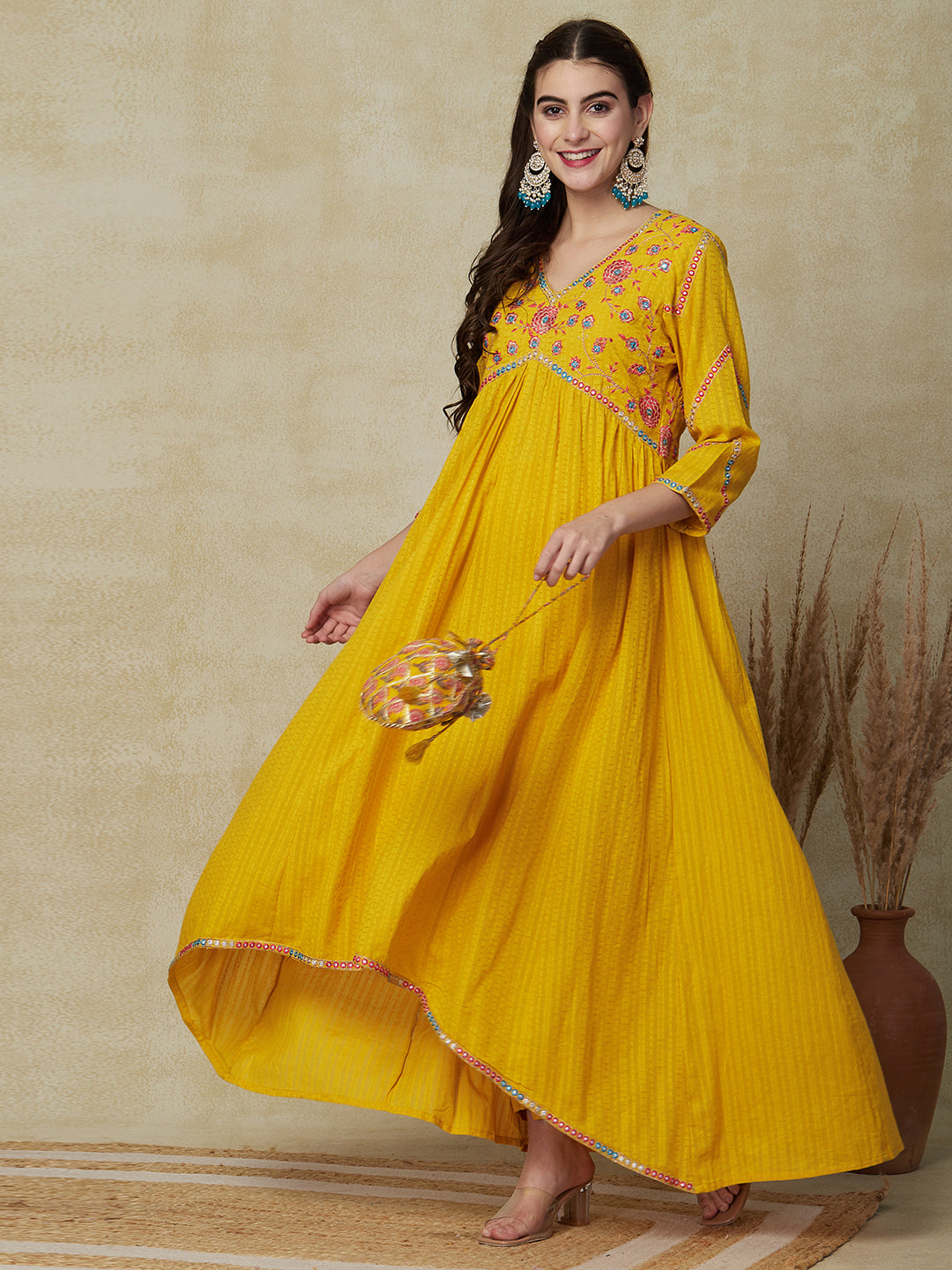 Solid Ethnic Mirror Work Embroidered A-Line Pleated Kurta with Pant - Yellow