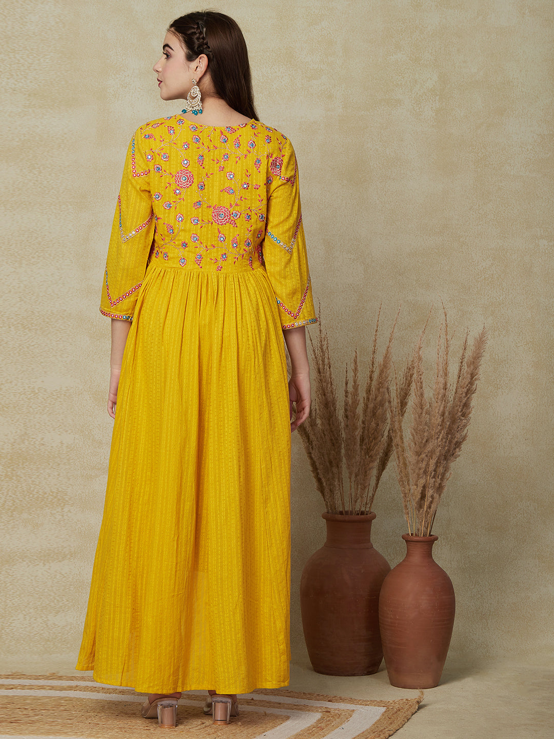 Solid Ethnic Mirror Work Embroidered A-Line Pleated Kurta with Pant - Yellow