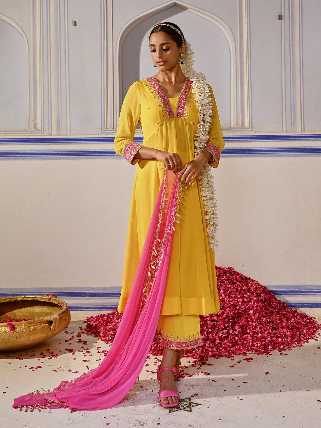 Floral Embroidered Anarkali Flared Kurta with Palazzo & Dupatta - Yellow