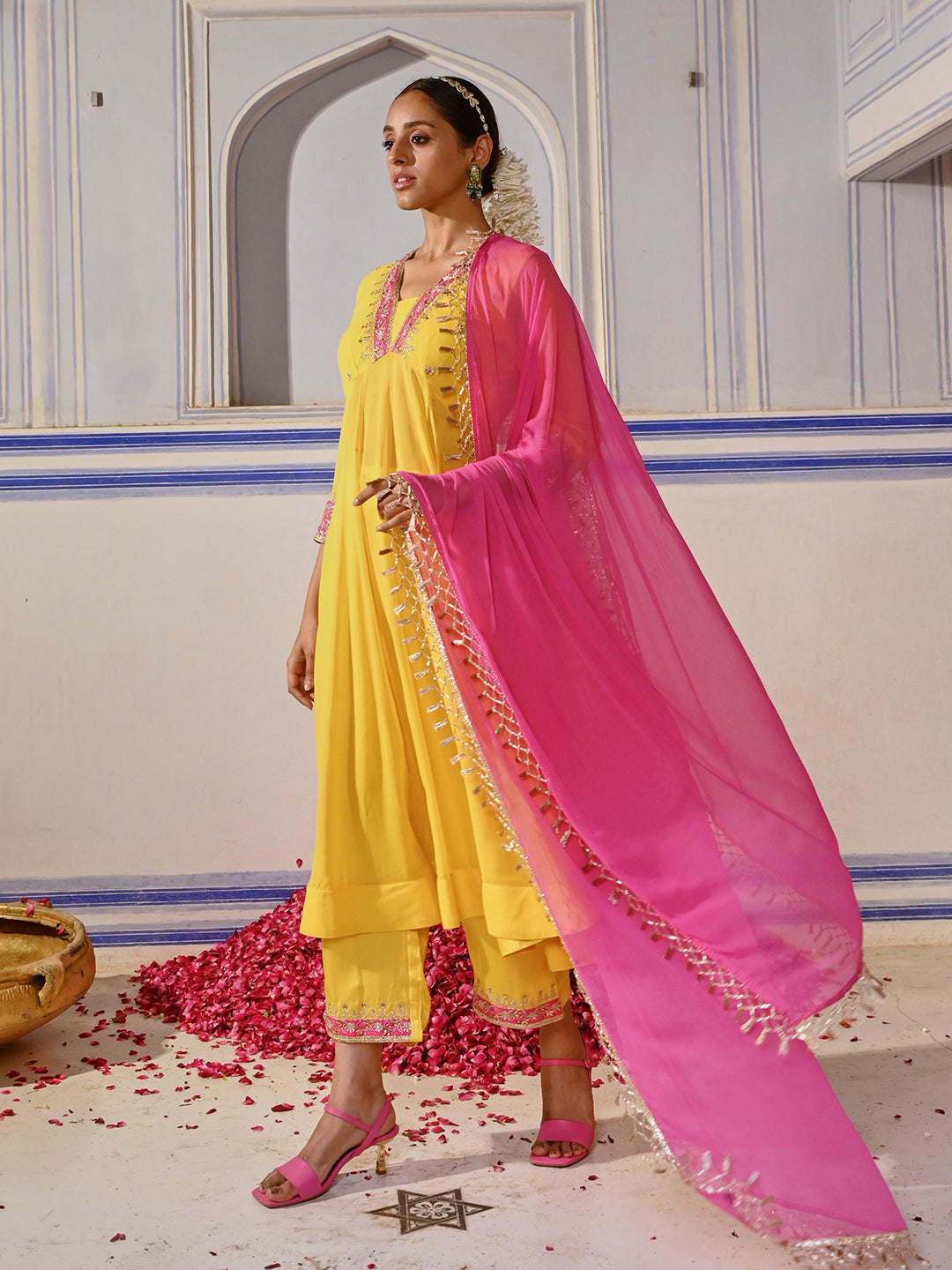 Floral Embroidered Anarkali Flared Kurta with Palazzo & Dupatta - Yellow