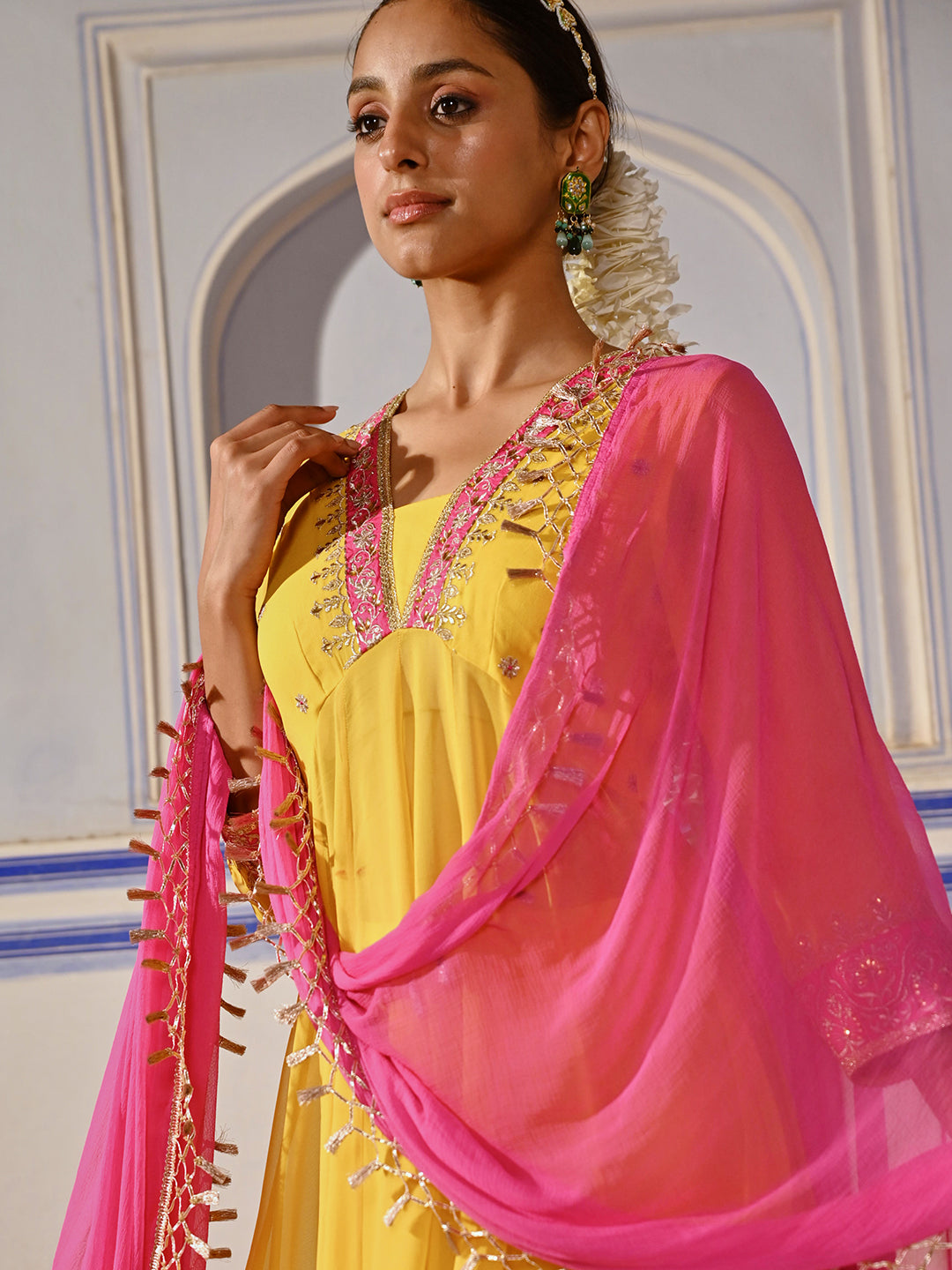 Floral Embroidered Anarkali Flared Kurta with Palazzo & Dupatta - Yellow