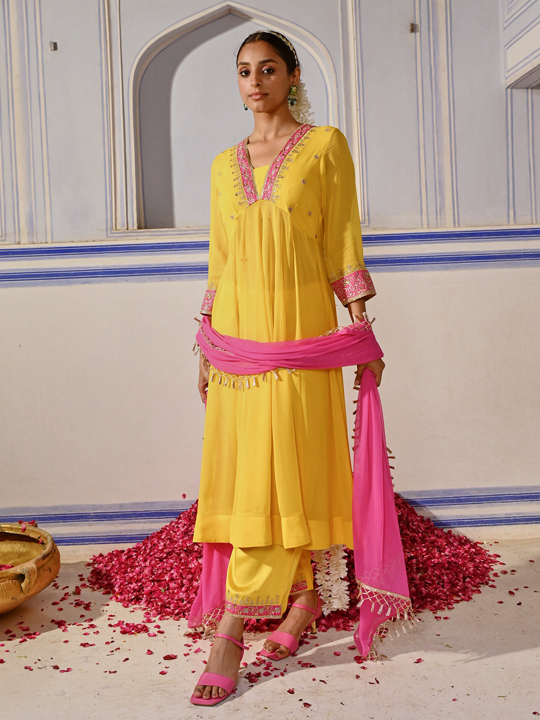 Floral Embroidered Anarkali Flared Kurta with Palazzo & Dupatta - Yellow