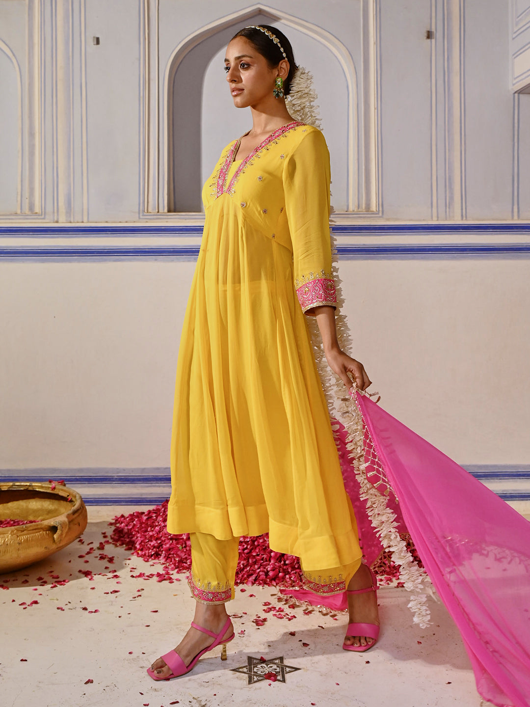 Floral Embroidered Anarkali Flared Kurta with Palazzo & Dupatta - Yellow