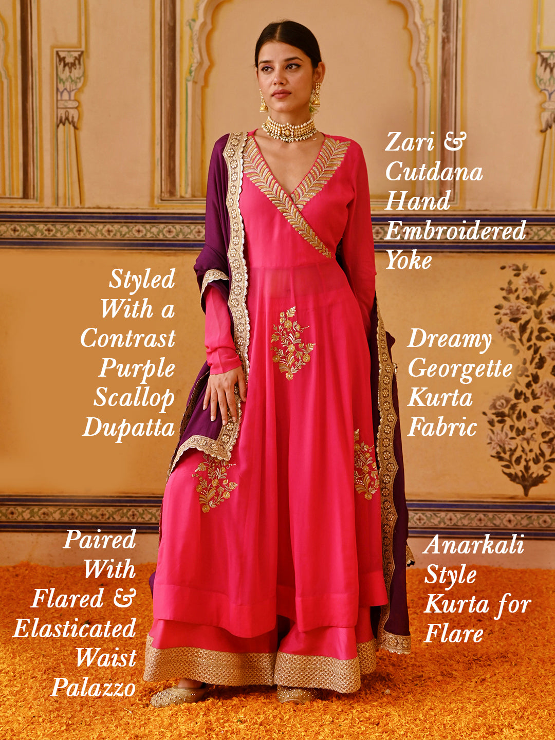 Floral Zari & Cutdana Hand Embroidered Anarkali Kurta with Palazzo & Dupatta - Pink