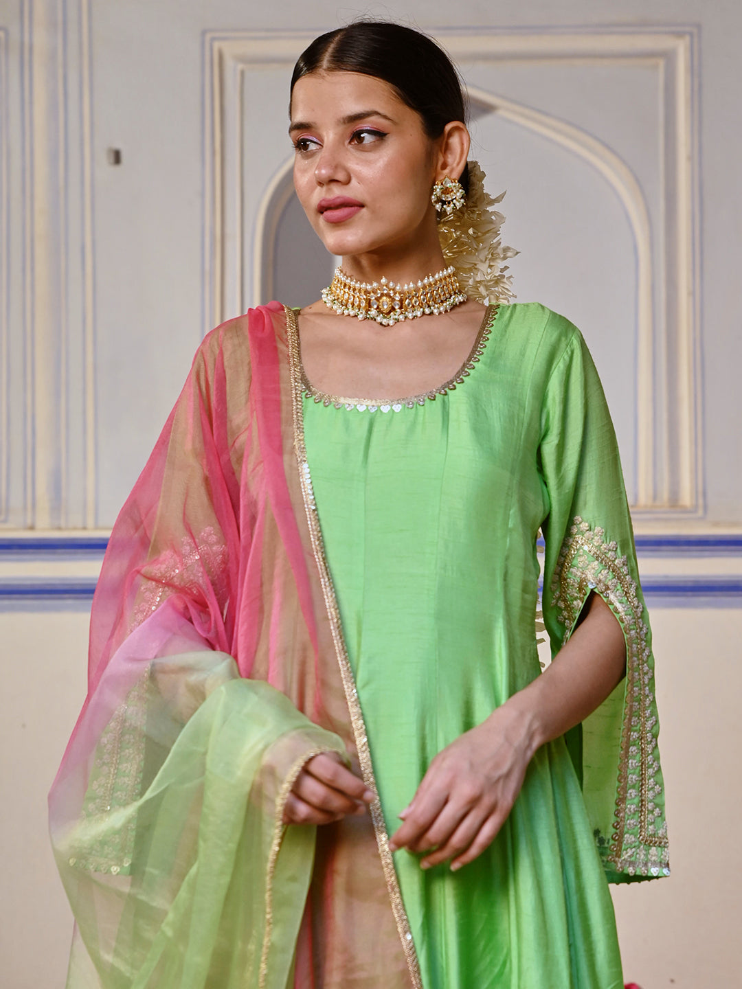 Solid Ethnic Embroidered Anarkali Kurta with Palazzo & Ombre Dupatta - Lime Green