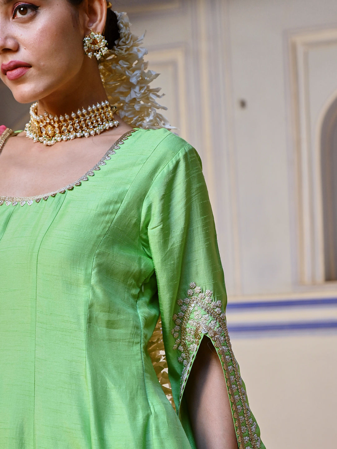 Solid Ethnic Embroidered Anarkali Kurta with Palazzo & Ombre Dupatta - Lime Green