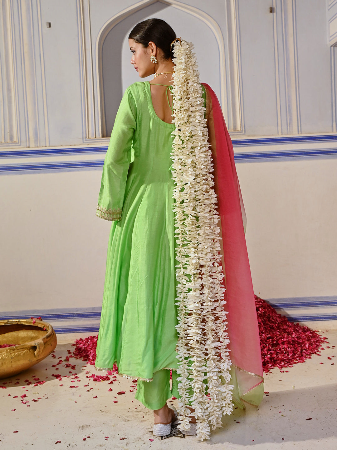 Solid Ethnic Embroidered Anarkali Kurta with Palazzo & Ombre Dupatta - Lime Green