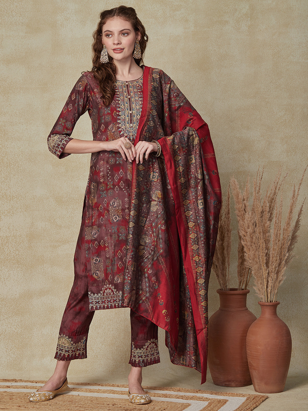 Ethnic Printed Zari Dori & Resham Embroidered Kurta with Pants & Dupatta - Maroon