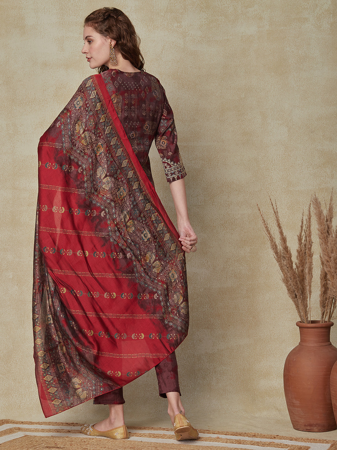 Ethnic Printed Zari Dori & Resham Embroidered Kurta with Pants & Dupatta - Maroon