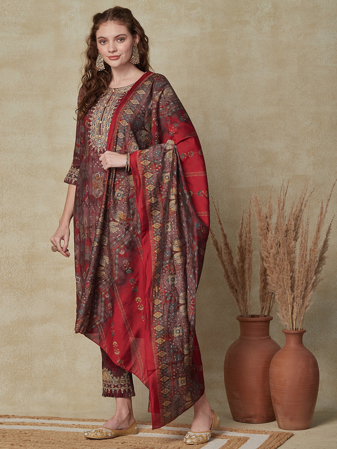 Ethnic Printed Zari Dori & Resham Embroidered Kurta with Pants & Dupatta - Maroon