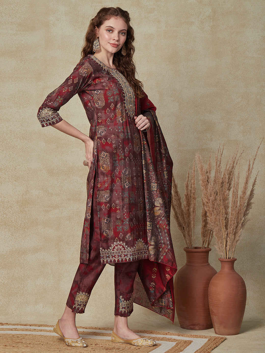 Ethnic Printed Zari Dori & Resham Embroidered Kurta with Pants & Dupatta - Maroon