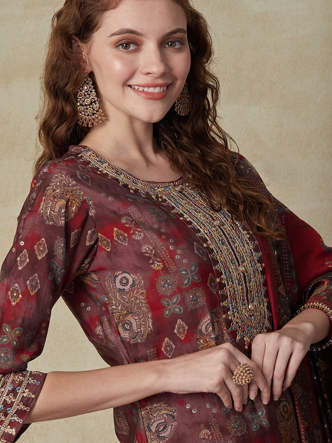 Ethnic Printed Zari Dori & Resham Embroidered Kurta with Pants & Dupatta - Maroon