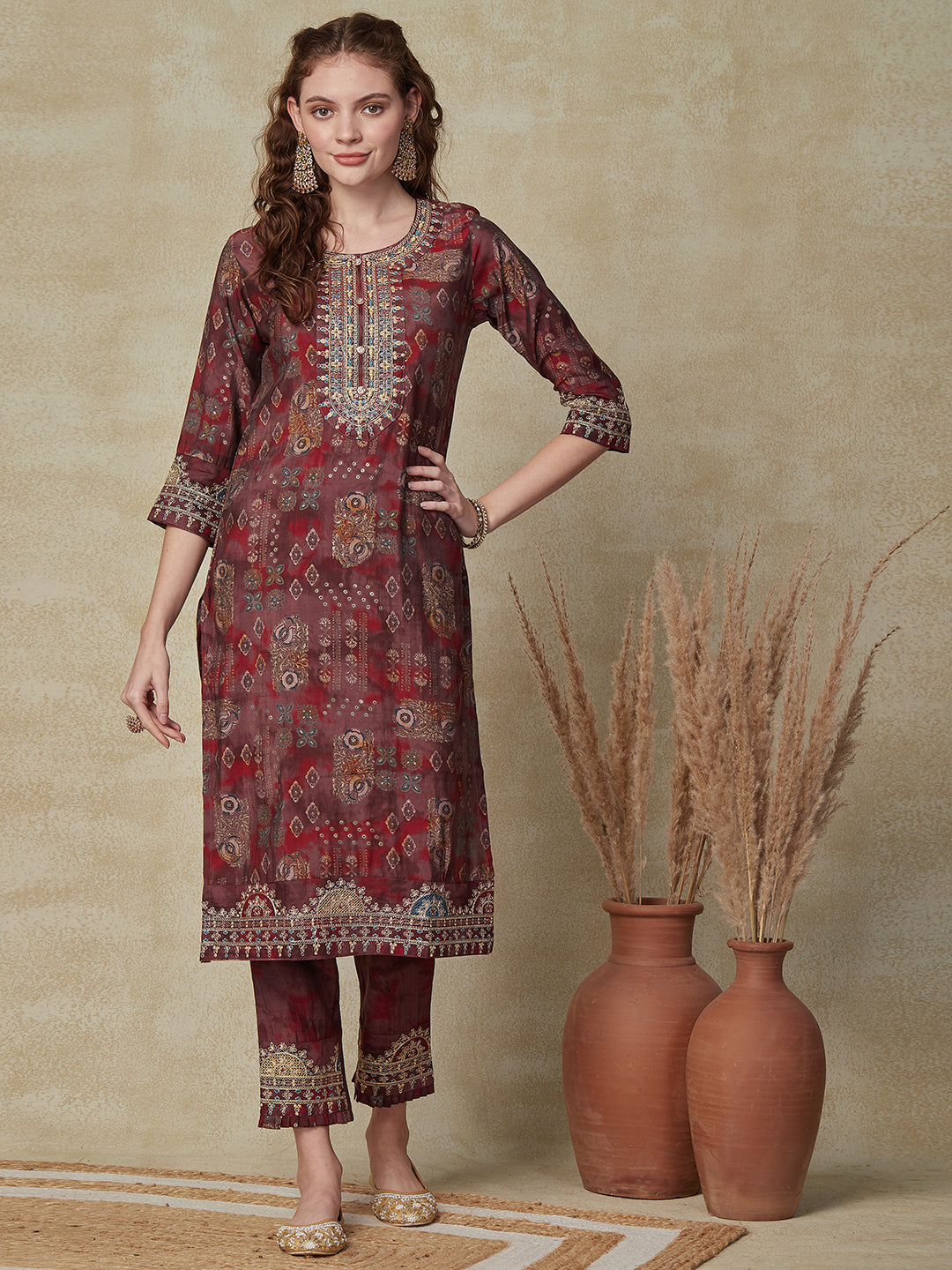 Ethnic Printed Zari Dori & Resham Embroidered Kurta with Pants & Dupatta - Maroon