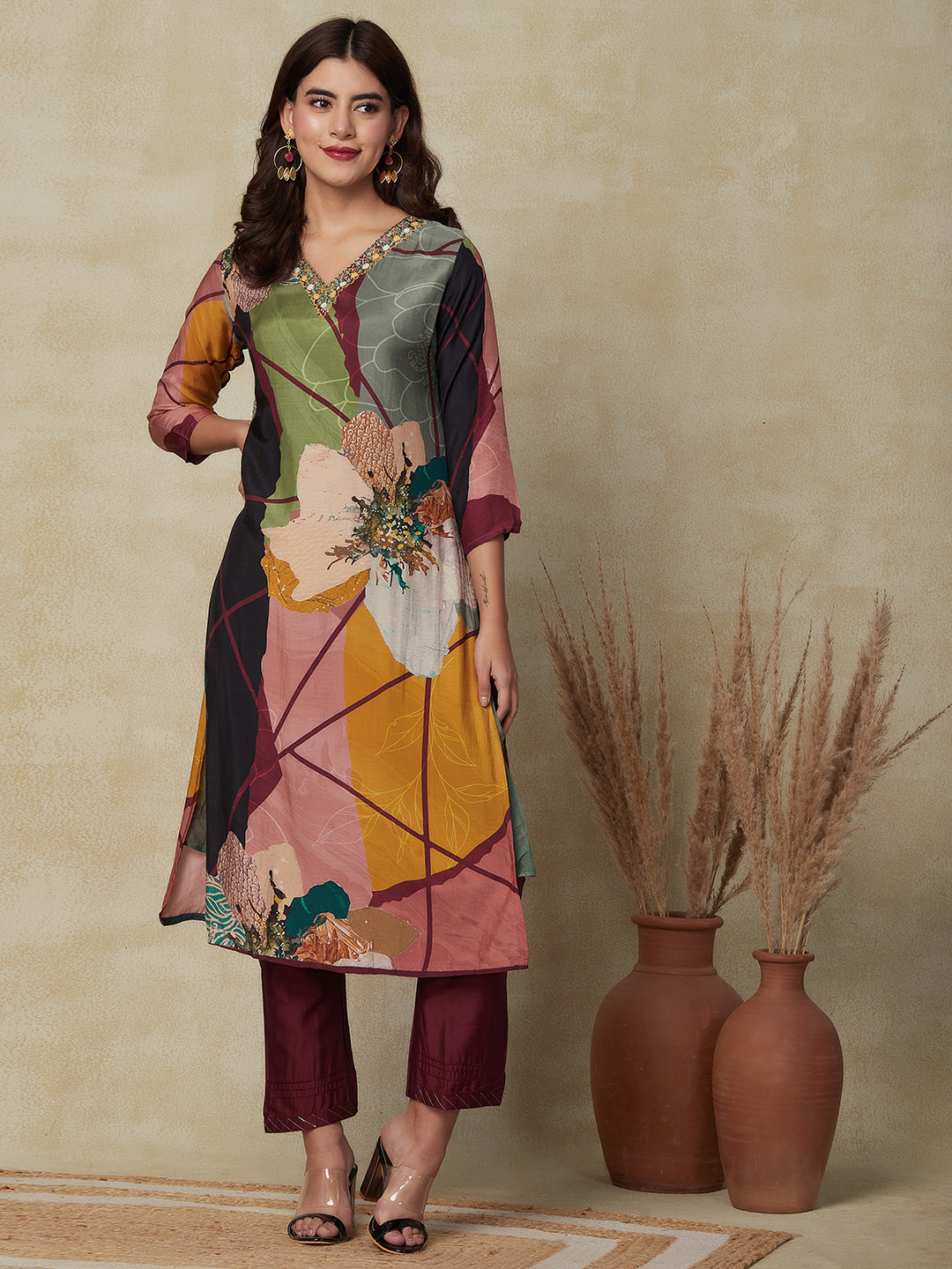 Abstract Floral Printed & Embroidered Straight Kurta with Pant & Dupatta - Burgundy