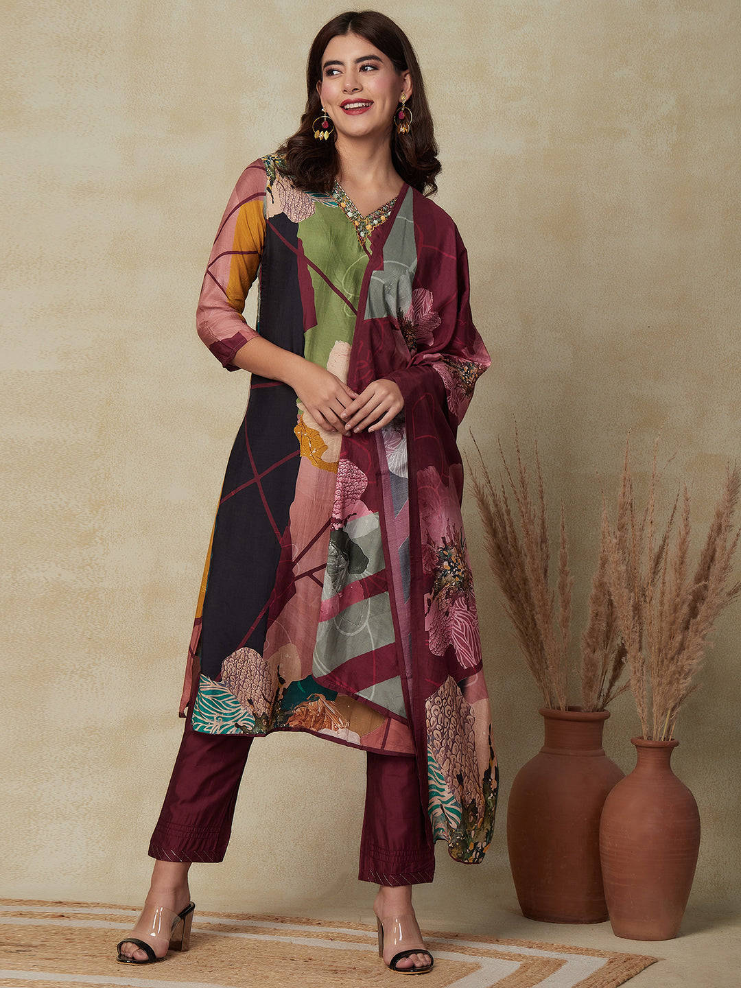 Abstract Floral Printed & Embroidered Straight Kurta with Pant & Dupatta - Burgundy