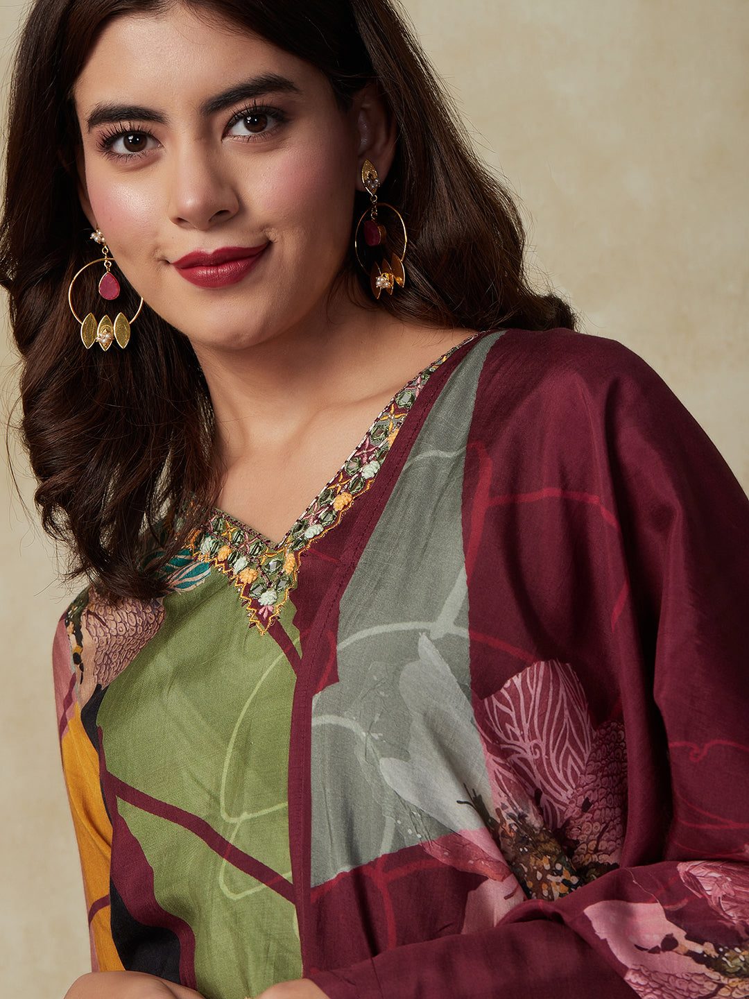 Abstract Floral Printed & Embroidered Straight Kurta with Pant & Dupatta - Burgundy