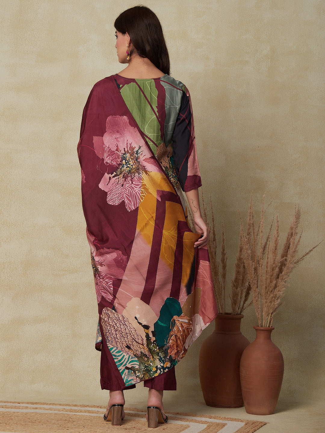Abstract Floral Printed & Embroidered Straight Kurta with Pant & Dupatta - Burgundy