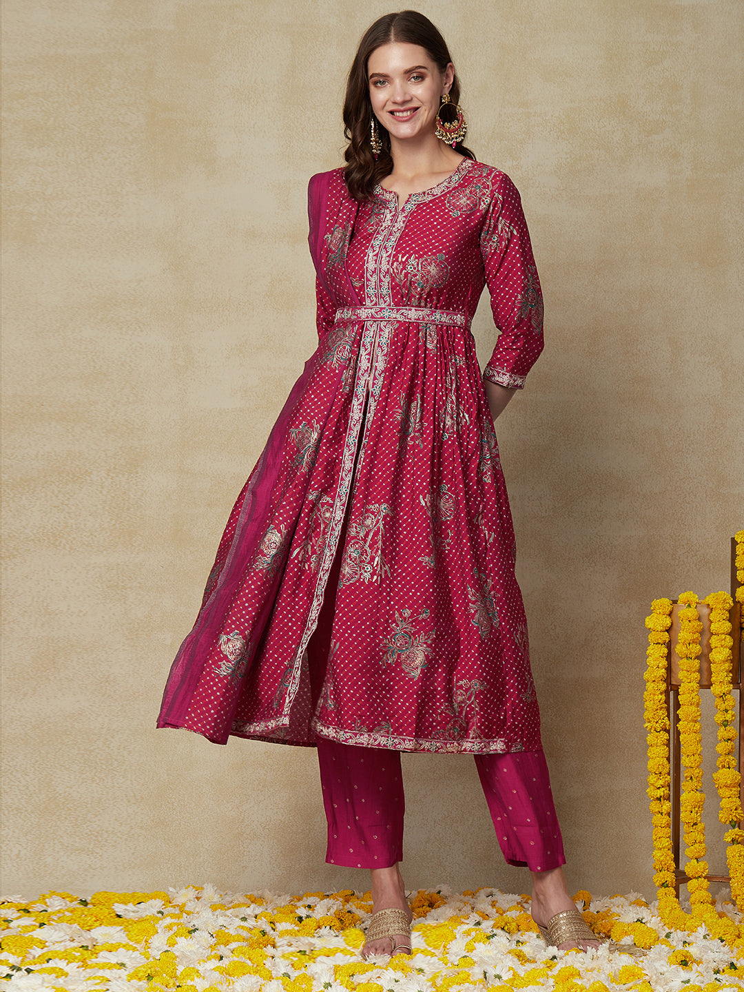 Lehriya Printed Zari Embroidered Pleated Kurta with Pants, Dupatta & Waist Belt - Red & Orange