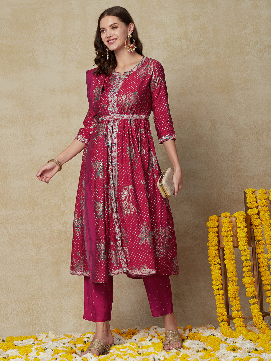 Lehriya Printed Zari Embroidered Pleated Kurta with Pants, Dupatta & Waist Belt - Red & Orange