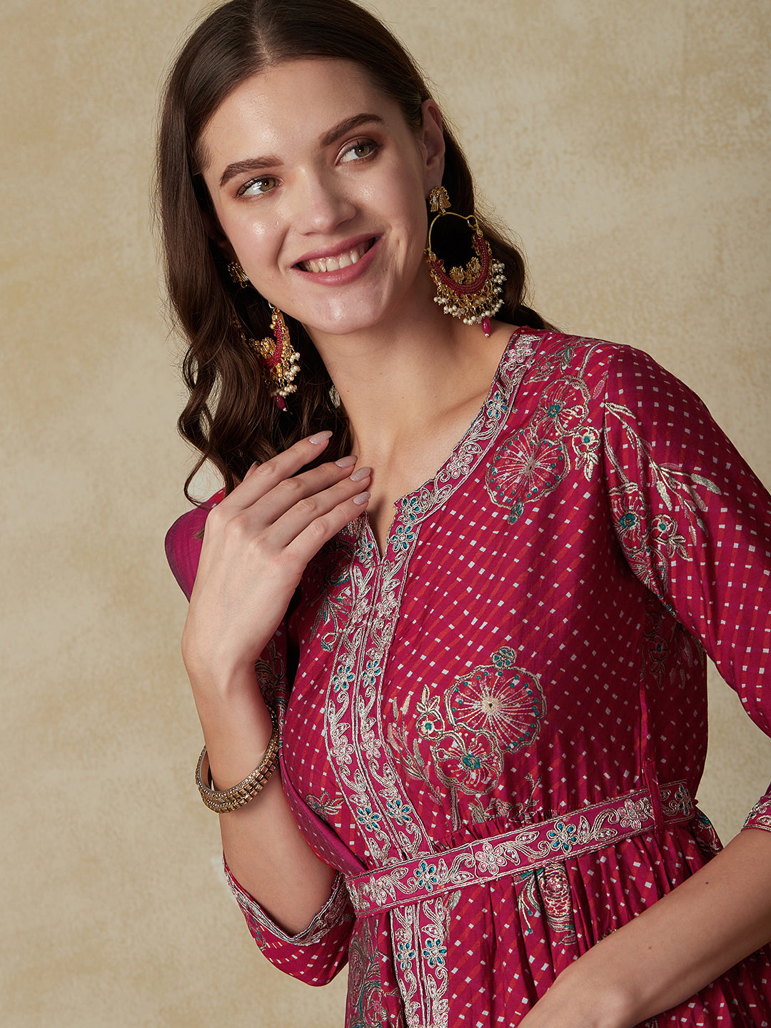 Lehriya Printed Zari Embroidered Pleated Kurta with Pants, Dupatta & Waist Belt - Red & Orange