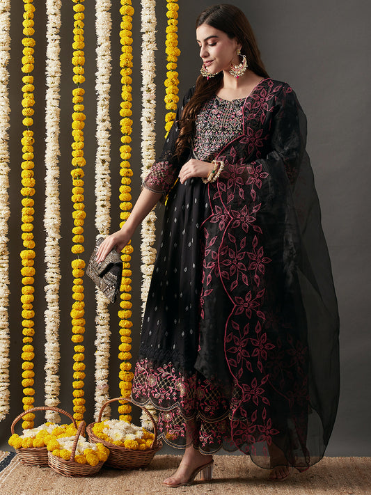 Woven Jacquard Resham & Zari Embroidered Anarkali with Sharara & Dupatta - Black