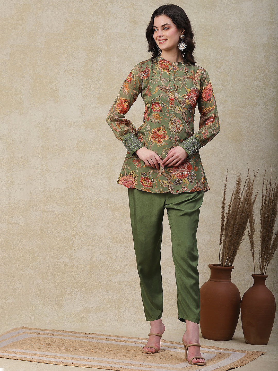 Floral Printed & Embroidered A-Line Kurta with Pant - Green