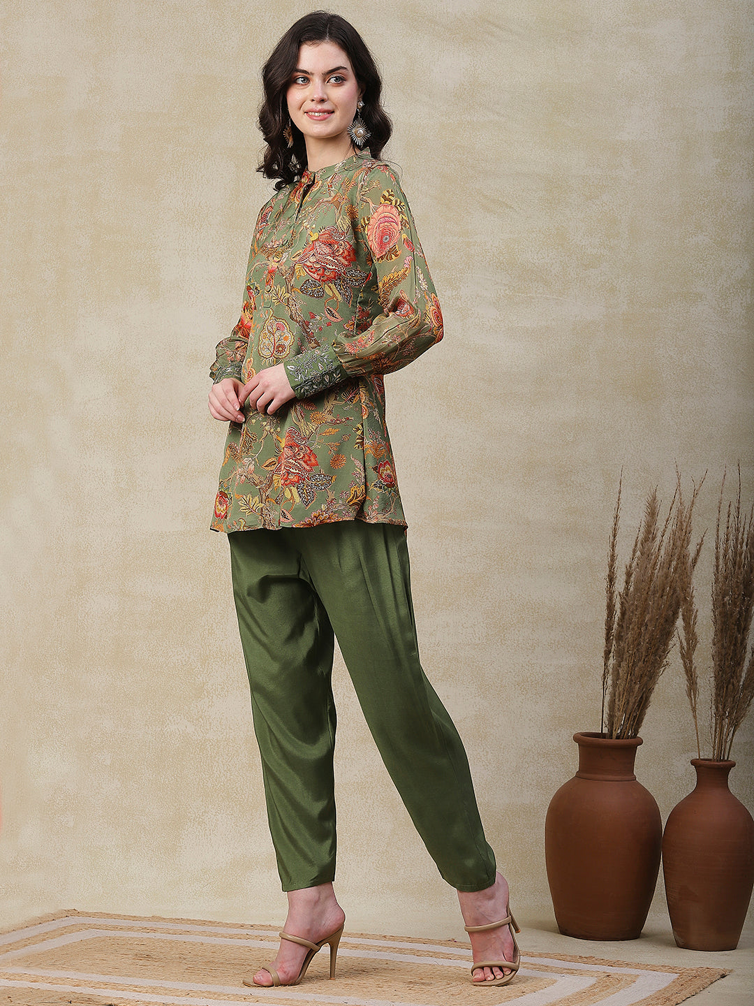 Floral Printed & Embroidered A-Line Kurta with Pant - Green