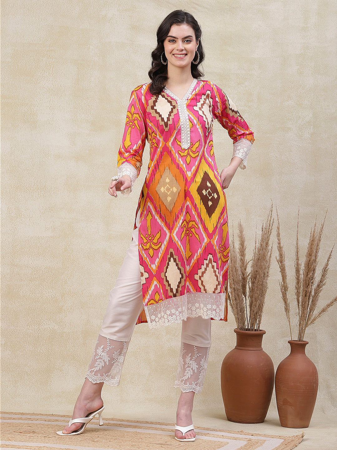 Net Fabric Pink Colour Kurta with Skirt & Dupatta in Embroidered, Resham,  Beads & Sequence work