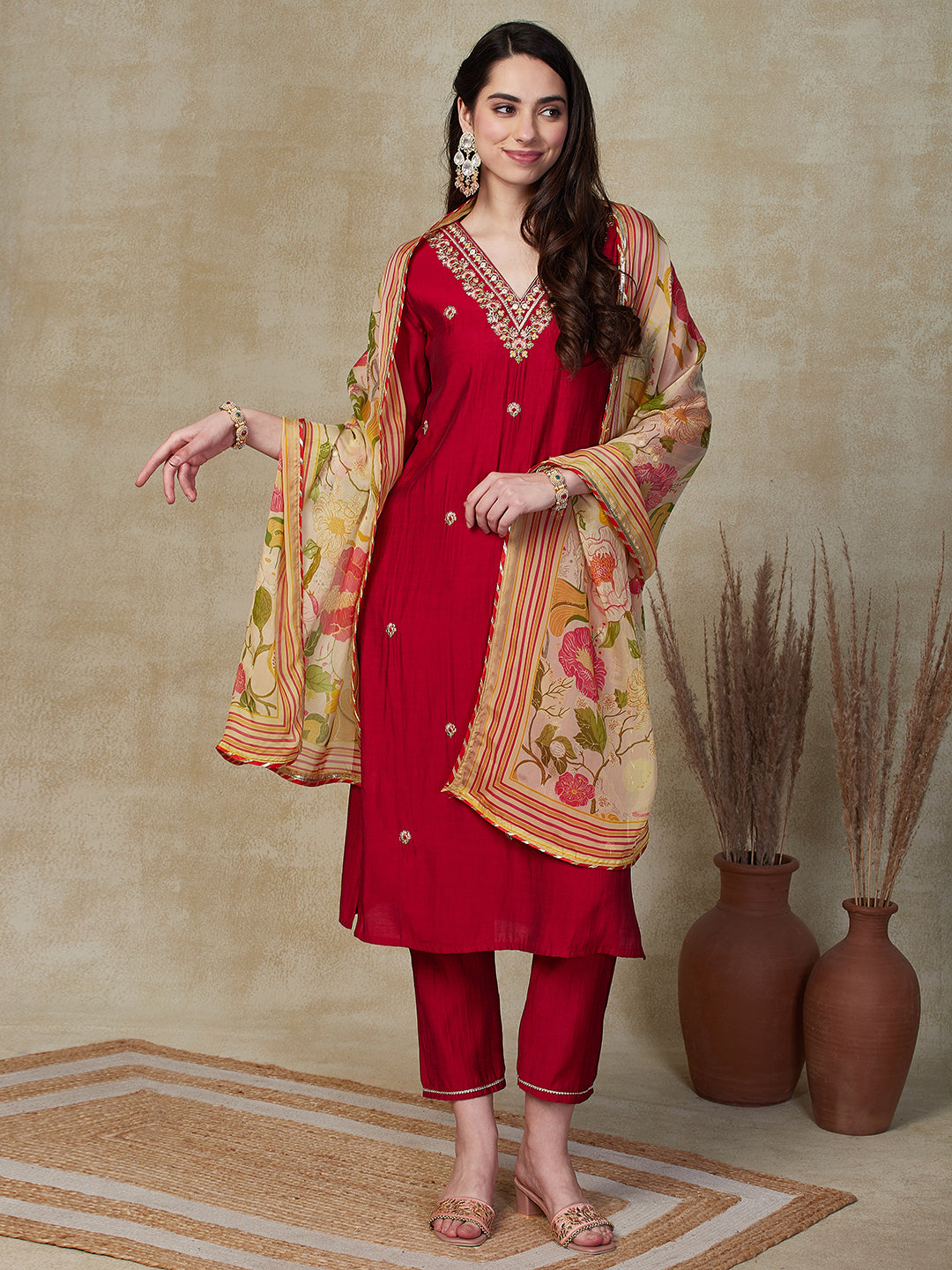 Solid Zari Dori & Mirror Embroidered Kurta with Pants & Dupatta - Red