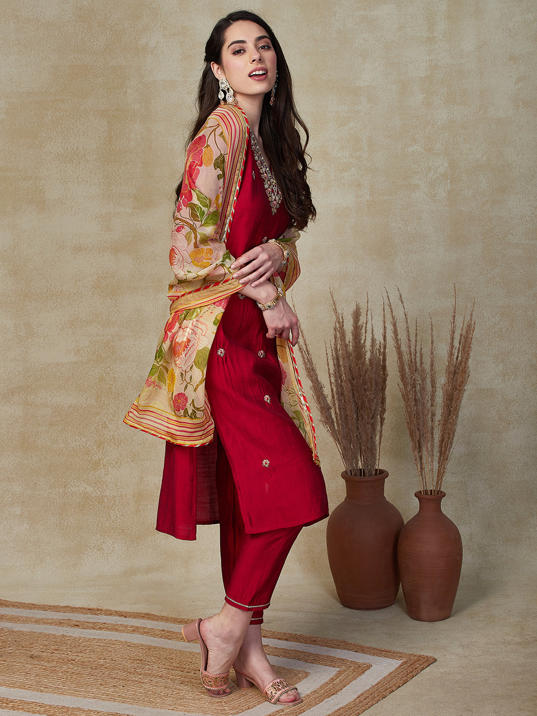 Solid Zari Dori & Mirror Embroidered Kurta with Pants & Dupatta - Red