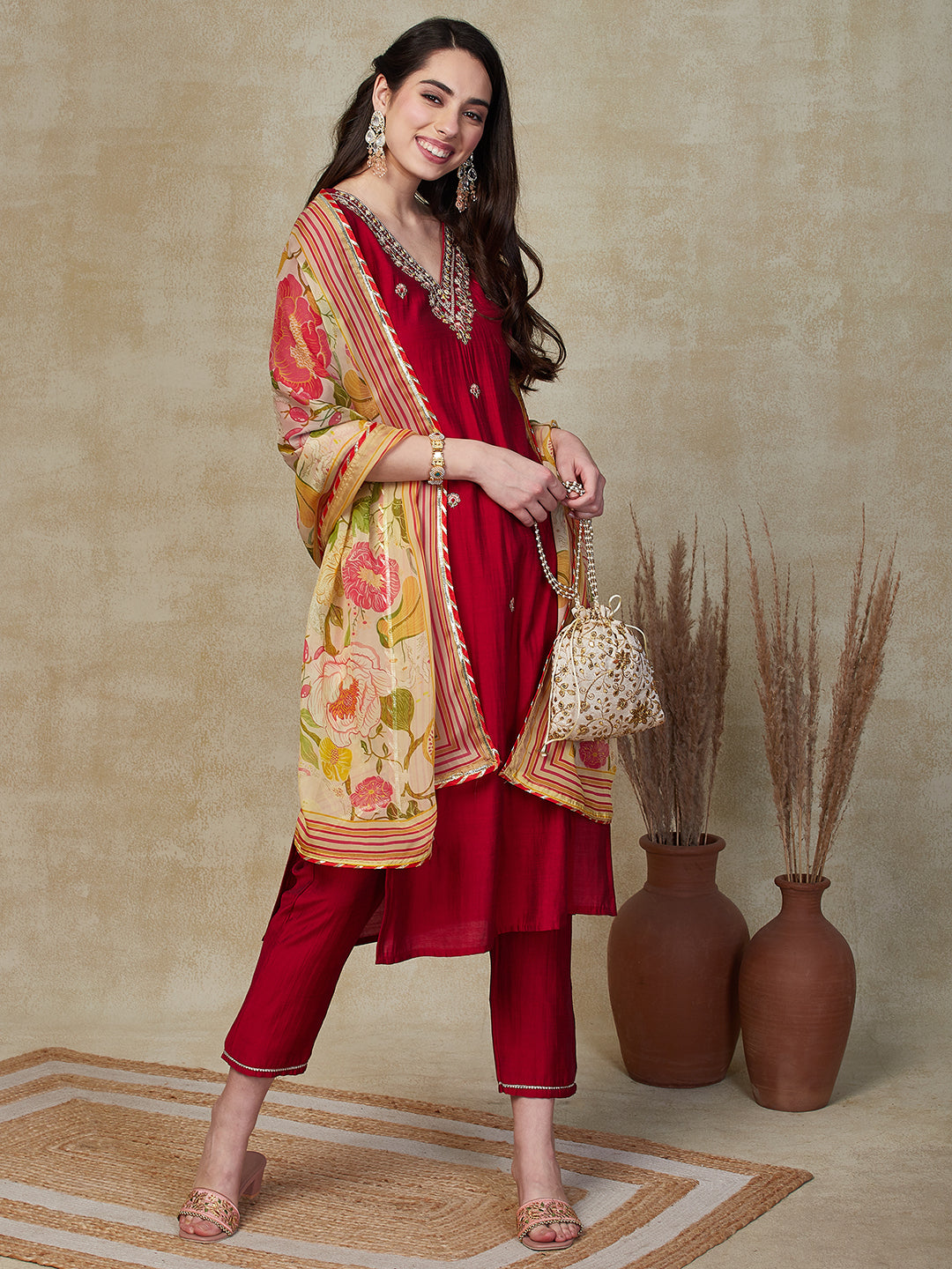 Solid Zari Dori & Mirror Embroidered Kurta with Pants & Dupatta - Red