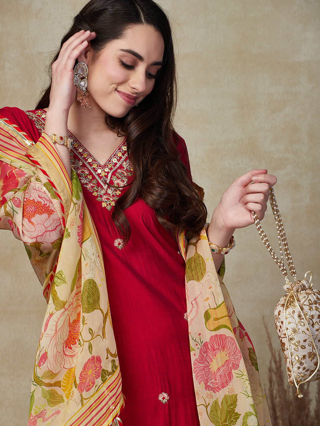 Solid Zari Dori & Mirror Embroidered Kurta with Pants & Dupatta - Red