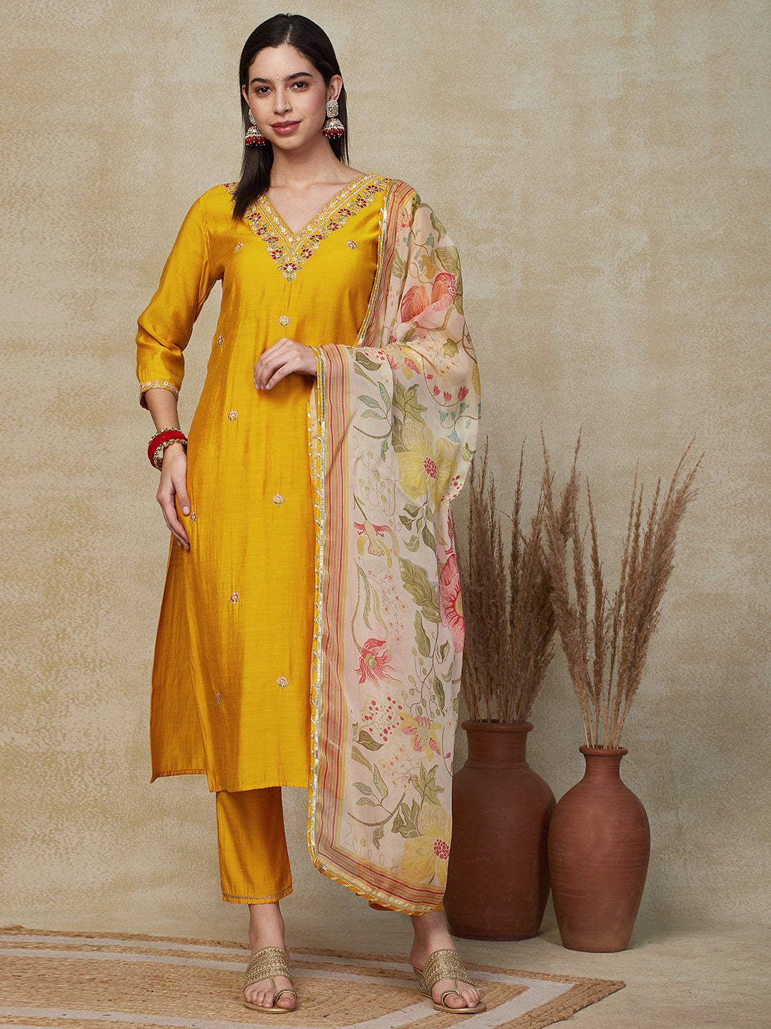 Solid Zari Dori & Mirror Embroidered Kurta with Pants & Dupatta - Yellow
