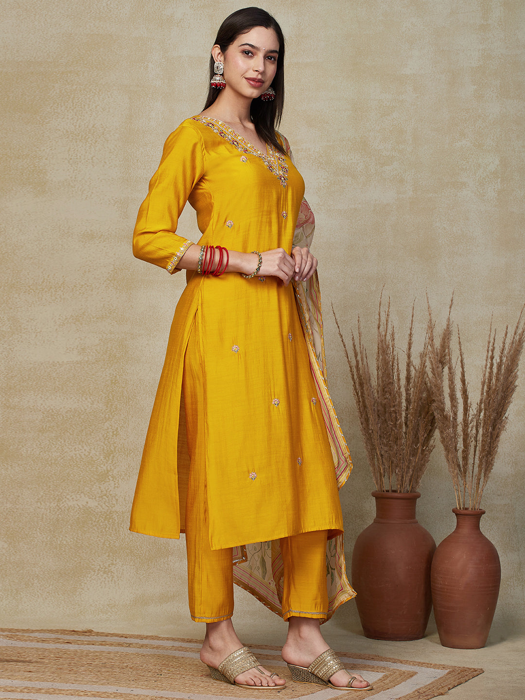 Solid Zari Dori & Mirror Embroidered Kurta with Pants & Dupatta - Yellow