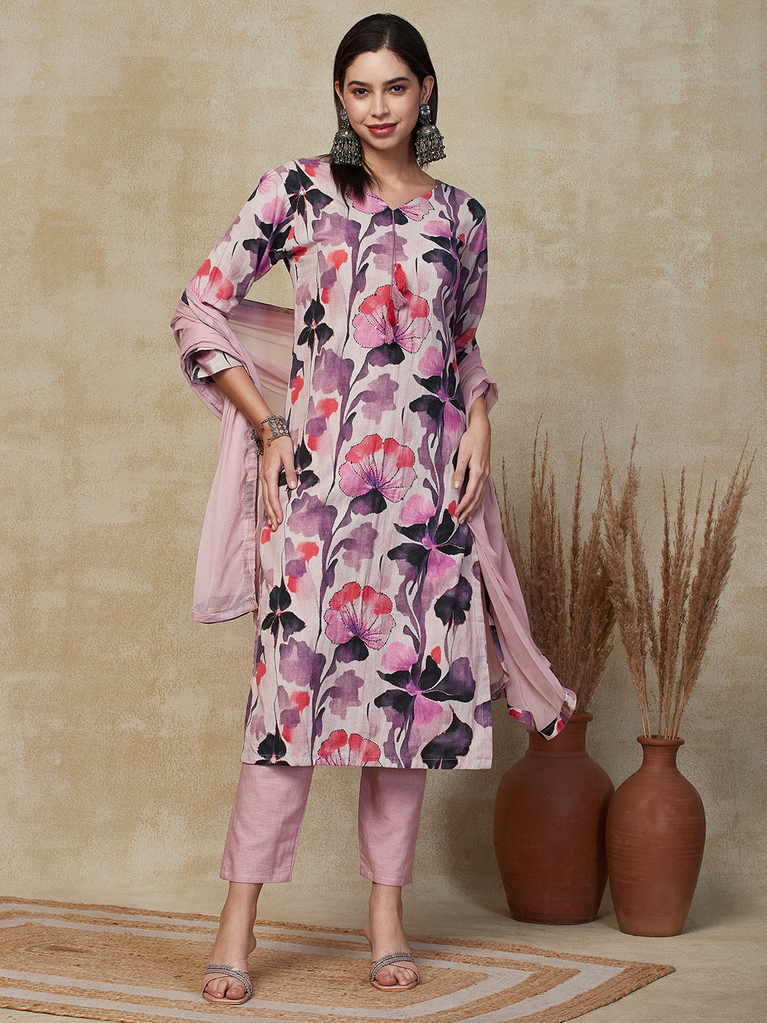 Floral Printed & Embroidered Straight Kurta with Pant & Dupatta - Fuch –  FASHOR